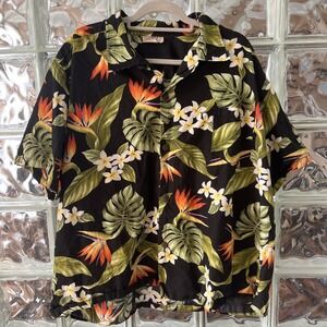 Vtg Surfriders Sportswear Hawaiian‎ Shirt Black Floral Size XL Short Sleeve